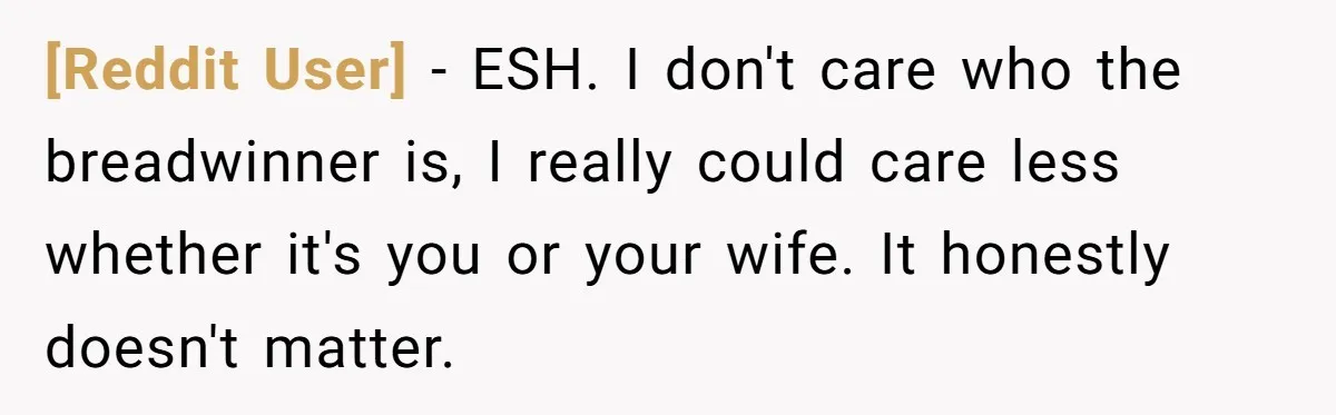 [Reddit User] − ESH. I don't care who the breadwinner is, I really could care less whether it's you or your wife. It honestly doesn't matter.