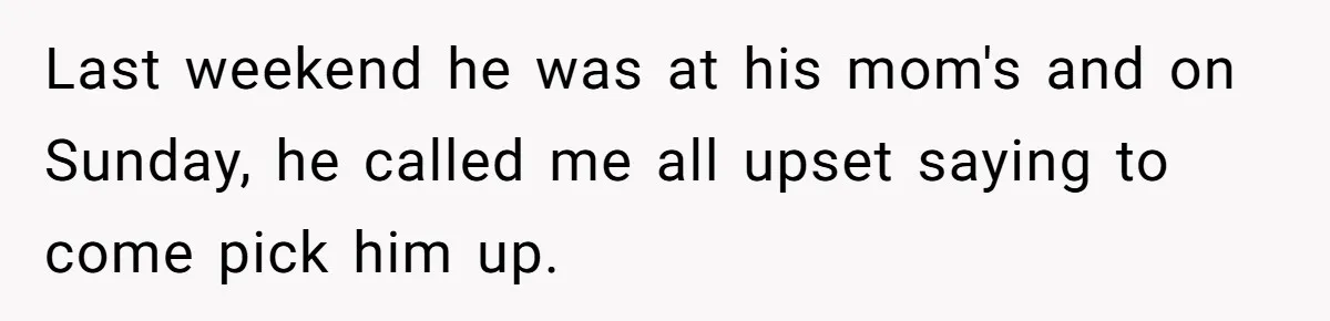 Last weekend he was at his mom's and on Sunday, he called me all upset saying to come pick him up.