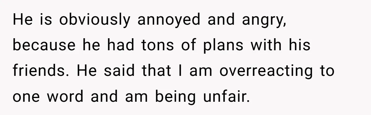 He is obviously annoyed and angry, because he had tons of plans with his friends. He said that I am overreacting to one word and am being unfair.