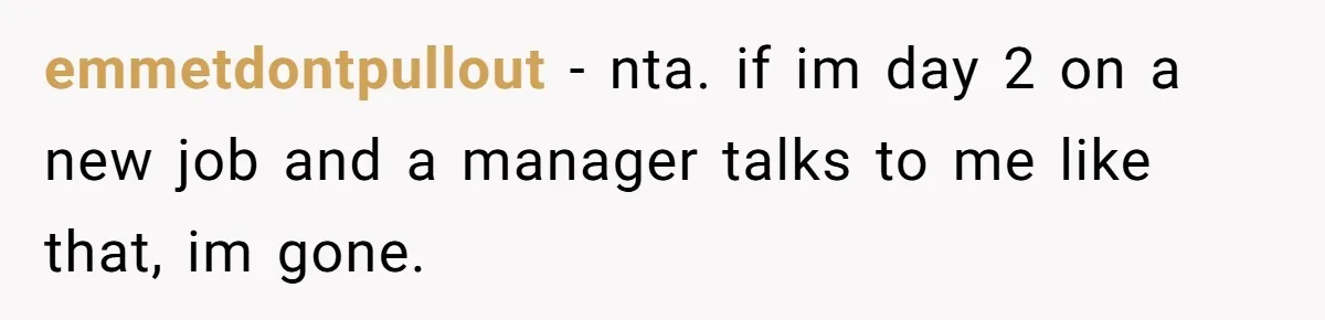 emmetdontpullout − nta. if im day 2 on a new job and a manager talks to me like that, im gone.