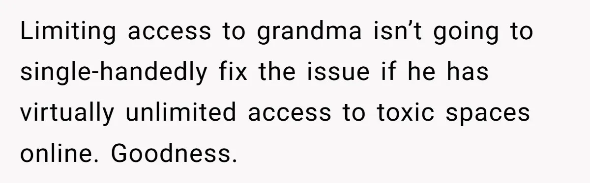 Limiting access to grandma isn’t going to single-handedly fix the issue if he has virtually unlimited access to toxic spaces online. Goodness.