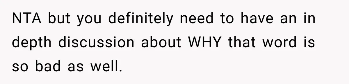 NTA but you definitely need to have an in depth discussion about WHY that word is so bad as well.