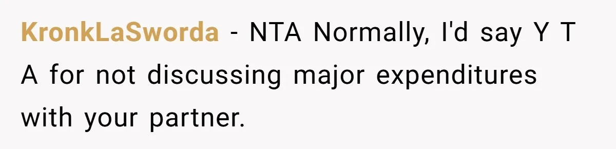 KronkLaSworda − NTA Normally, I'd say Y T A for not discussing major expenditures with your partner.