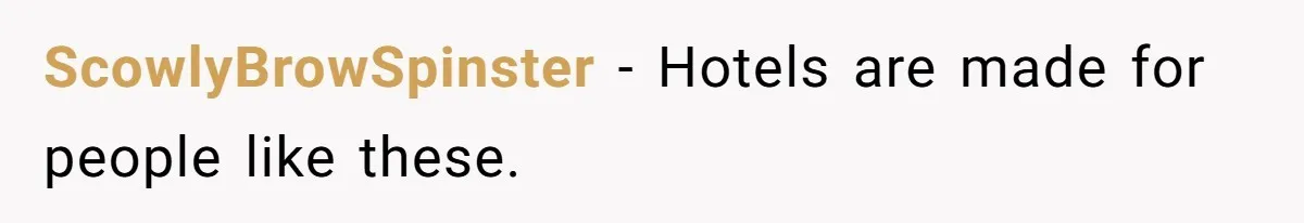 ScowlyBrowSpinster − Hotels are made for people like these.