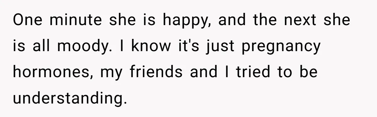 One minute she is happy, and the next she is all moody. I know it's just pregnancy hormones, my friends and I tried to be understanding.