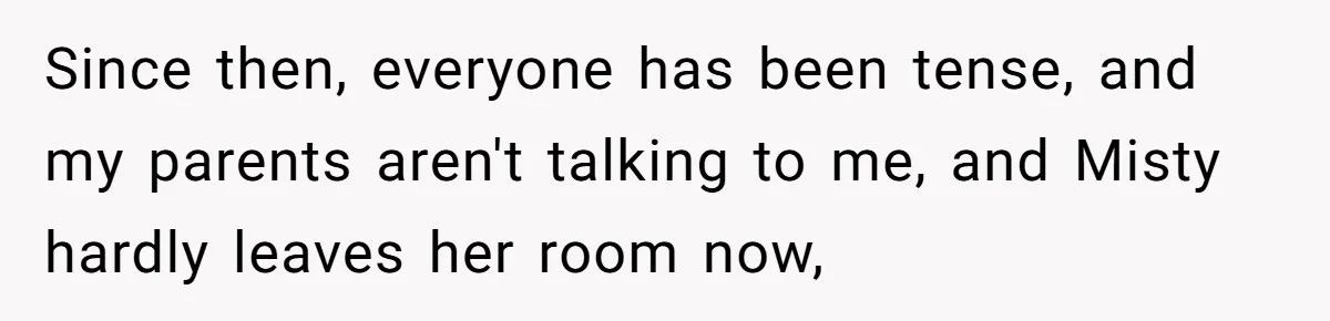 Since then, everyone has been tense, and my parents aren't talking to me, and Misty hardly leaves her room now,