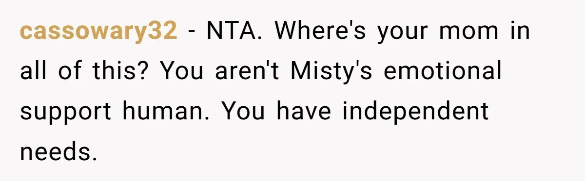 cassowary32 − NTA. Where's your mom in all of this? You aren't Misty's emotional support human. You have independent needs.