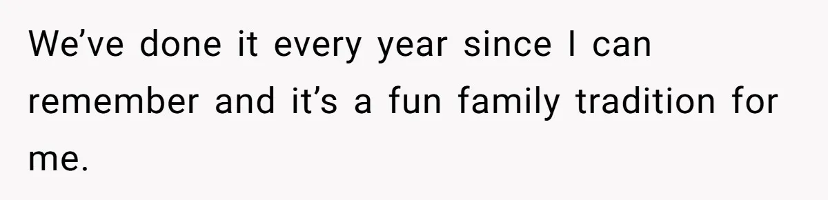 Woman Refuses To Cancel Hawaii Trip After Father-in-Law’s Death, Marriage Tensions Explode We’ve done it every year since I can remember and it’s a fun family tradition for me.