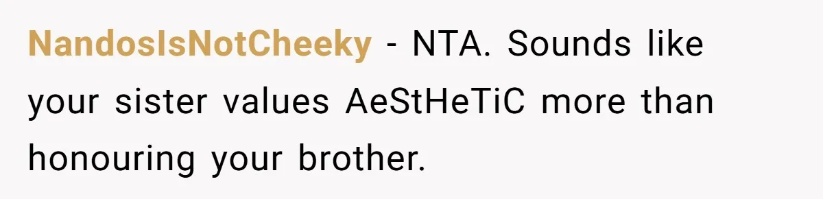 NandosIsNotCheeky − NTA. Sounds like your sister values AeStHeTiC more than honouring your brother.