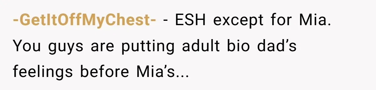 -GetItOffMyChest- − ESH except for Mia. You guys are putting adult bio dad’s feelings before Mia’s...