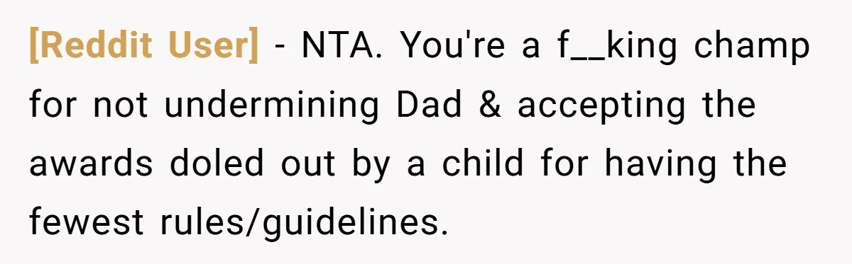 [Reddit User] − NTA. You're a f__king champ for not undermining Dad & accepting the awards doled out by a child for having the fewest rules/guidelines.