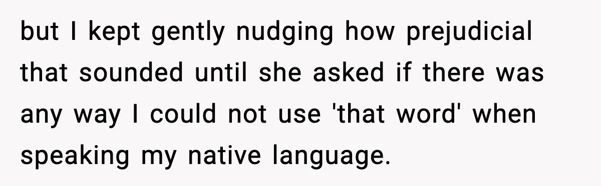 but I kept gently nudging how prejudicial that sounded until she asked if there was any way I could not use 'that word' when speaking my native language.