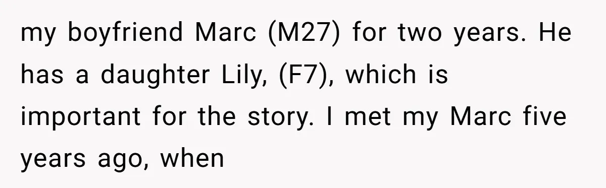 my boyfriend Marc (M27) for two years. He has a daughter Lily, (F7), which is important for the story. I met my Marc five years ago, when
