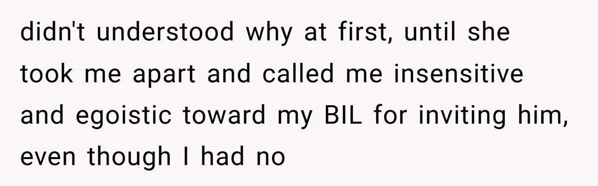 didn't understood why at first, until she took me apart and called me insensitive and egoistic toward my BIL for inviting him, even though I had no