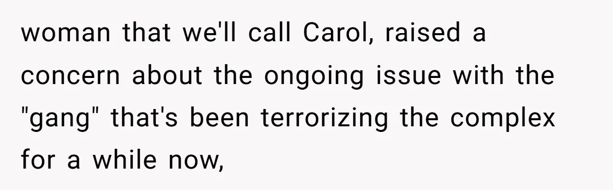 A Community Meeting Turns into a Giggle Fit Over “Gang Activity” Claims woman that we'll call Carol, raised a concern about the ongoing issue with the "gang" that's been terrorizing the complex for a while now,