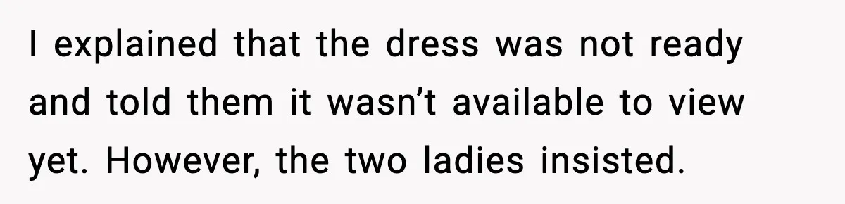 I explained that the dress was not ready and told them it wasn’t available to view yet. However, the two ladies insisted.