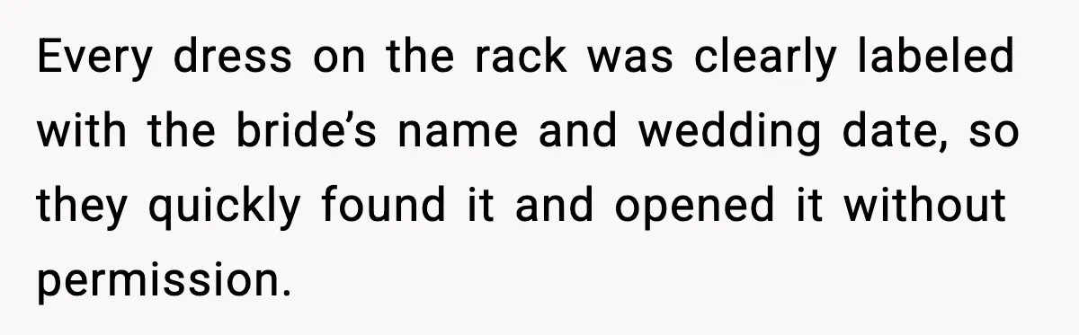 Every dress on the rack was clearly labeled with the bride’s name and wedding date, so they quickly found it and opened it without permission.