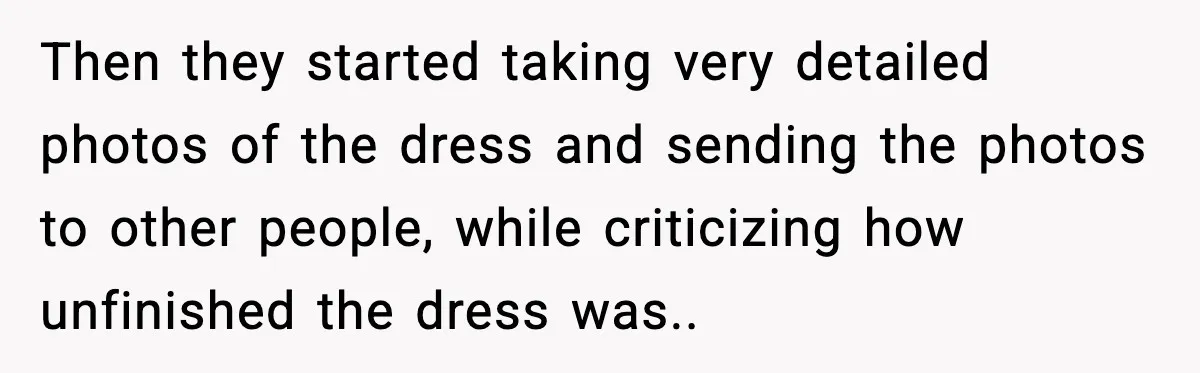 Then they started taking very detailed photos of the dress and sending the photos to other people, while criticizing how unfinished the dress was..