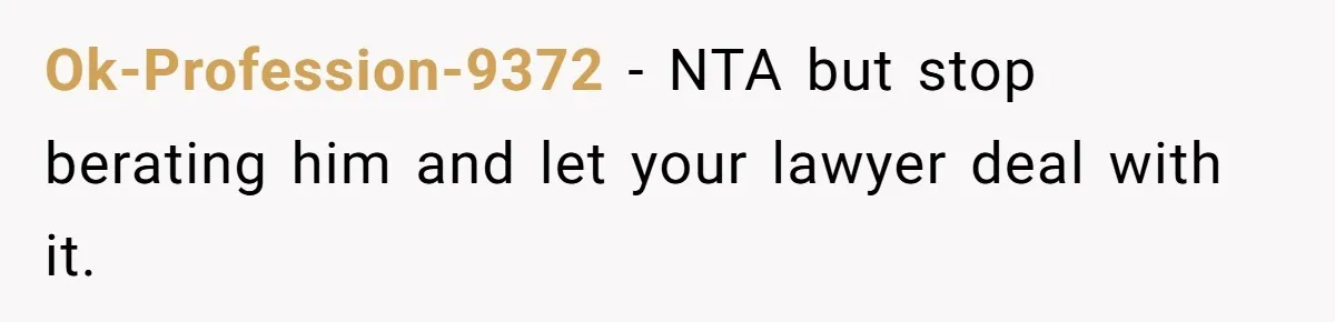 Ok-Profession-9372 − NTA but stop berating him and let your lawyer deal with it.