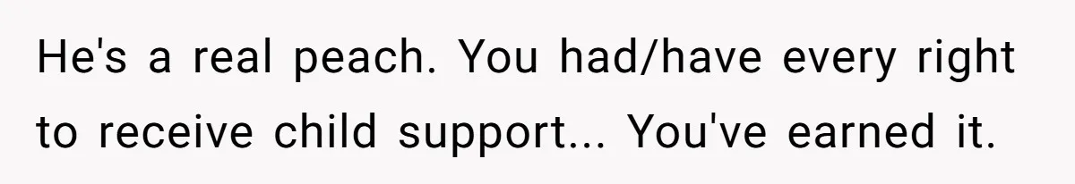 He's a real peach. You had/have every right to receive child support... You've earned it.