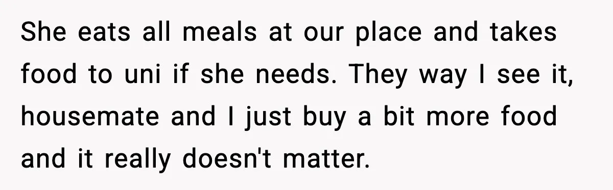 She eats all meals at our place and takes food to uni if she needs. They way I see it, housemate and I just buy a bit more food and...