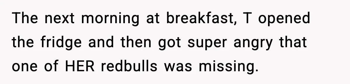 The next morning at breakfast, T opened the fridge and then got super angry that one of HER redbulls was missing.