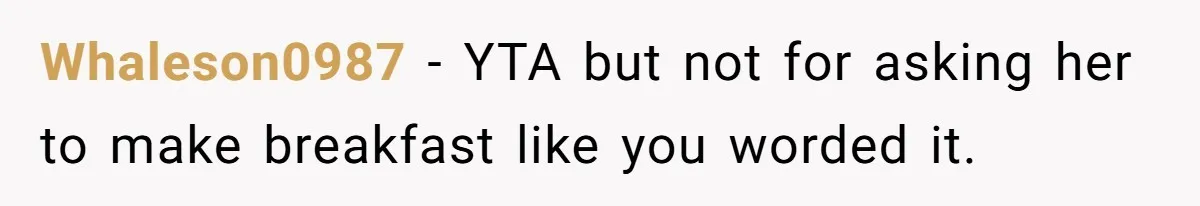 Whaleson0987 − YTA but not for asking her to make breakfast like you worded it.