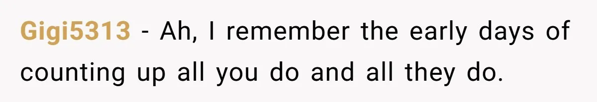 Gigi5313 − Ah, I remember the early days of counting up all you do and all they do.