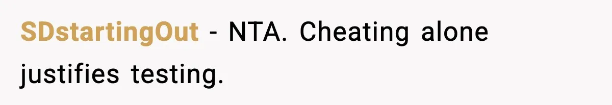 SDstartingOut - NTA. Cheating alone justifies testing.
