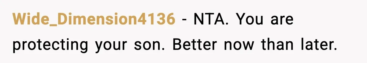 Wide_Dimension4136 - NTA. You are protecting your son. Better now than later.