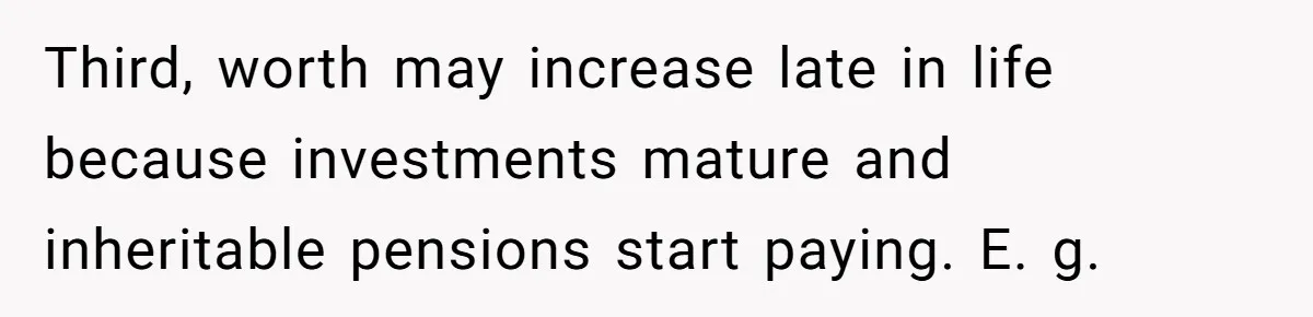Third, worth may increase late in life because investments mature and inheritable pensions start paying. E. g.