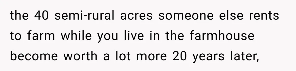 the 40 semi-rural acres someone else rents to farm while you live in the farmhouse become worth a lot more 20 years later,