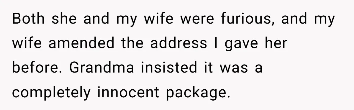 Both she and my wife were furious, and my wife amended the address I gave her before. Grandma insisted it was a completely innocent package.