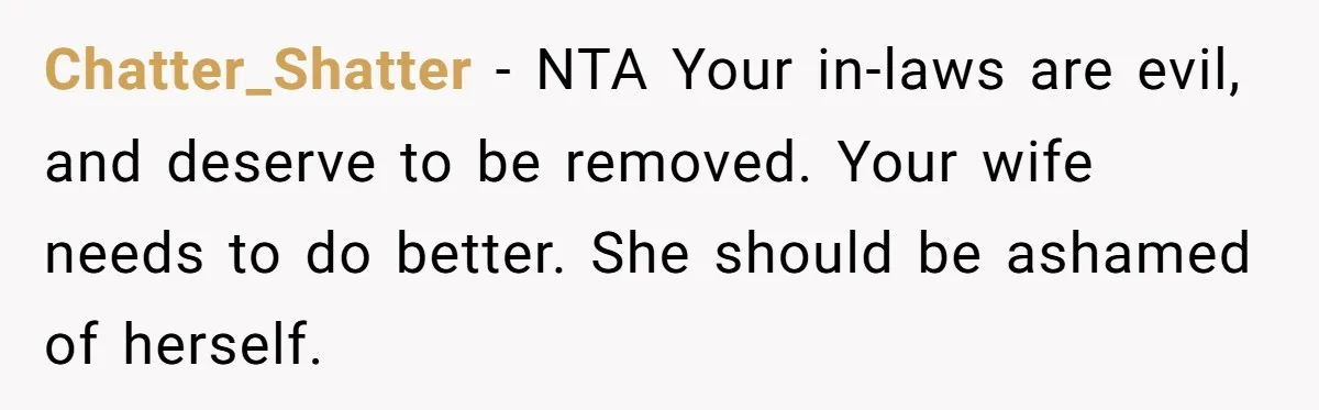 Chatter_Shatter − NTA Your in-laws are evil, and deserve to be removed. Your wife needs to do better. She should be ashamed of herself.