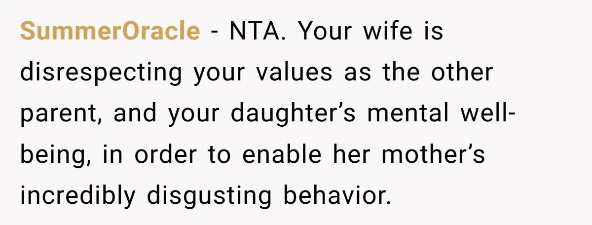 SummerOracle − NTA. Your wife is disrespecting your values as the other parent, and your daughter’s mental well-being, in order to enable her mother’s incredibly disgusting behavior.