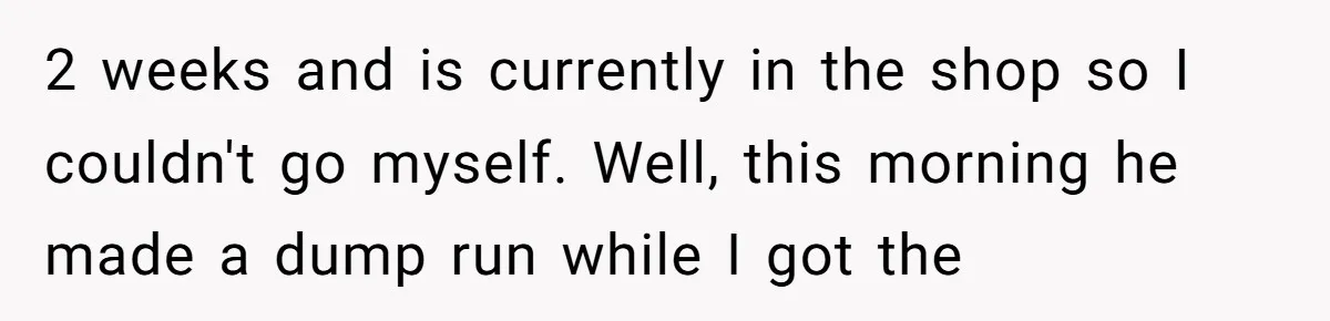 This Wife Finally Told Her Mother-in-Law to Stop Demanding Her Husband’s Attention 2 weeks and is currently in the shop so I couldn't go myself. Well, this morning he made a dump run while I got the
