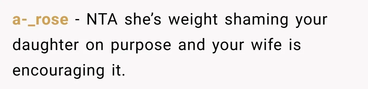 a-_rose − NTA she’s weight shaming your daughter on purpose and your wife is encouraging it.
