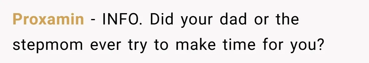 Proxamin − INFO. Did your dad or the stepmom ever try to make time for you?