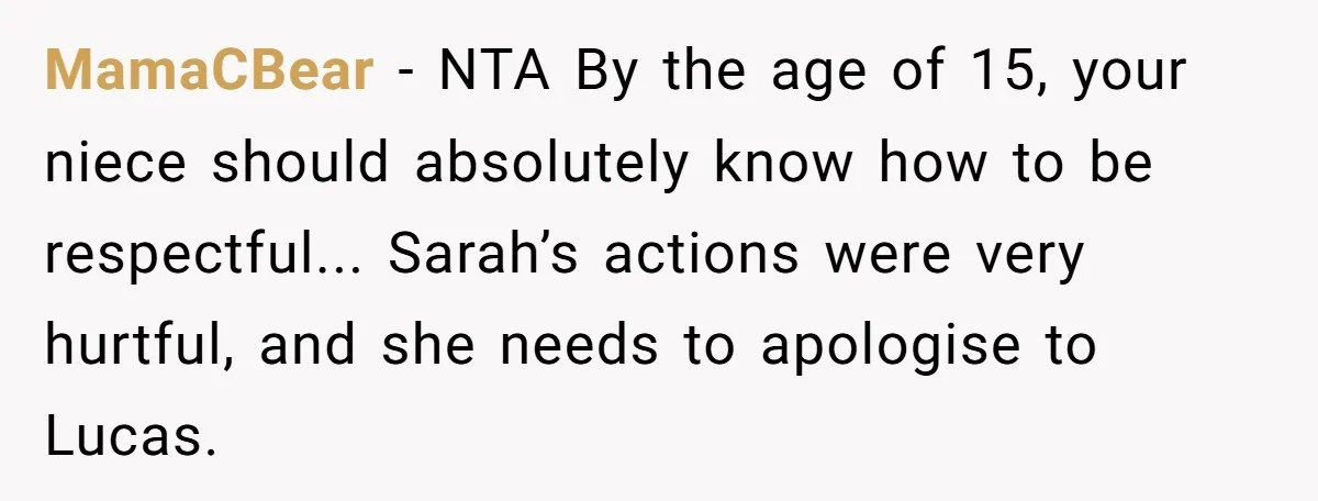 MamaCBear − NTA By the age of 15, your niece should absolutely know how to be respectful... Sarah’s actions were very hurtful, and she needs to apologise to Lucas.