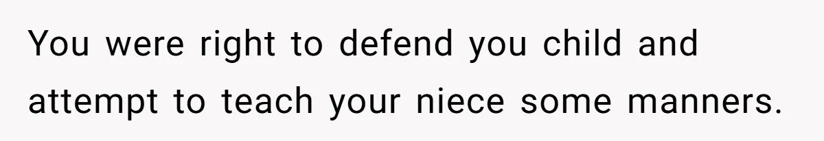You were right to defend you child and attempt to teach your niece some manners.