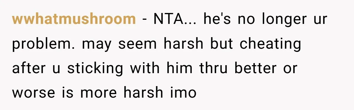 Ex-Husband Who Cheated After She Nursed Him Through Cancer Asks to Move Back In wwhatmushroom − NTA... he's no longer ur problem. may seem harsh but cheating after u sticking with him thru better or worse is more harsh imo