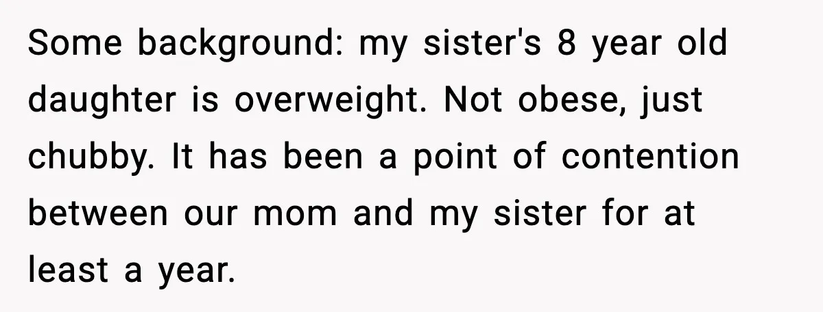 Some background: my sister's 8 year old daughter is overweight. Not obese, just chubby. It has been a point of contention between our mom and my sister for at least...