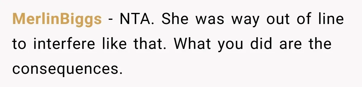 MerlinBiggs − NTA. She was way out of line to interfere like that. What you did are the consequences.