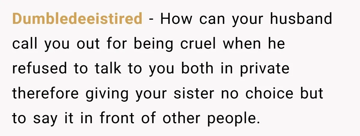 Dumbledeeistired − How can your husband call you out for being cruel when he refused to talk to you both in private therefore giving your sister no choice but to...