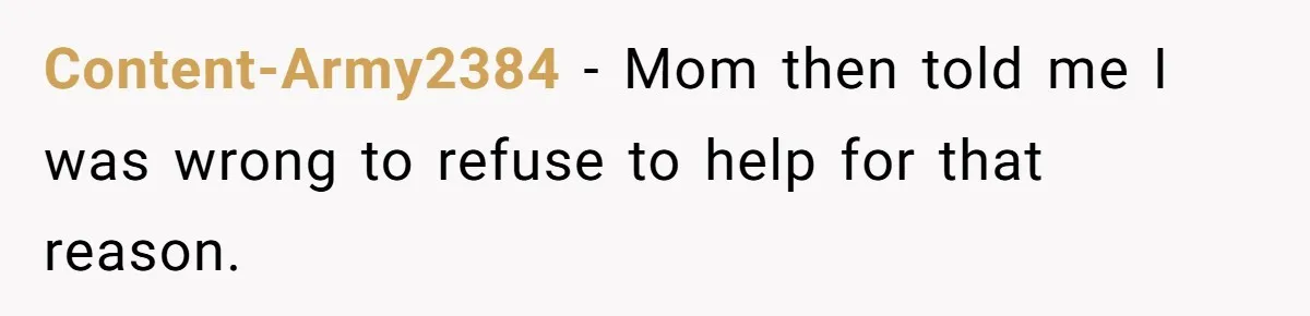 Content-Army2384 − Mom then told me I was wrong to refuse to help for that reason.