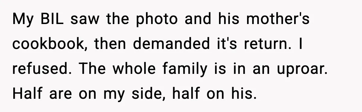 My BIL saw the photo and his mother's cookbook, then demanded it's return. I refused. The whole family is in an uproar. Half are on my side, half on his.