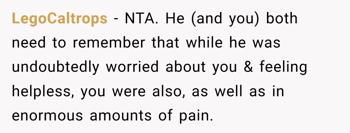 LegoCaltrops − NTA. He (and you) both need to remember that while he was undoubtedly worried about you & feeling helpless, you were also, as well as in enormous amounts...