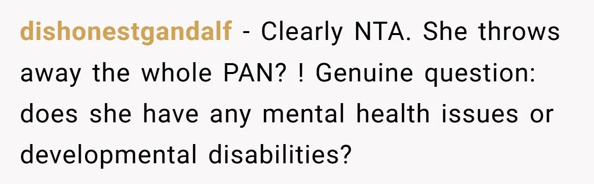 dishonestgandalf − Clearly NTA. She throws away the whole PAN? ! Genuine question: does she have any mental health issues or developmental disabilities?