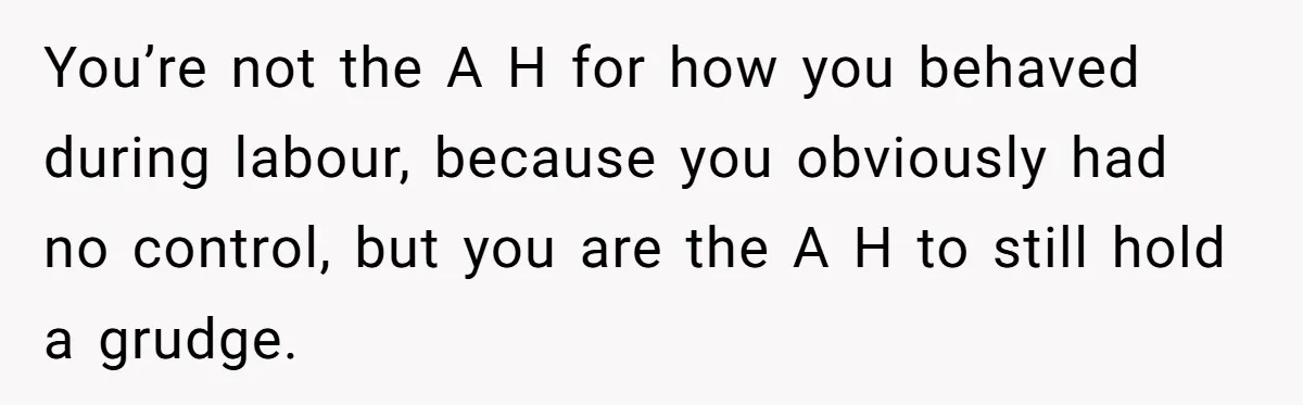 You’re not the A H for how you behaved during labour, because you obviously had no control, but you are the A H to still hold a grudge.