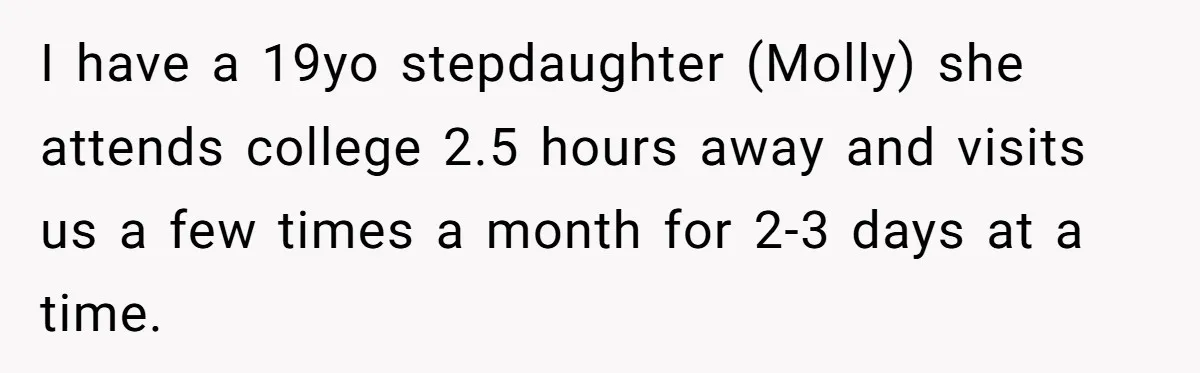 I have a 19yo stepdaughter (Molly) she attends college 2.5 hours away and visits us a few times a month for 2-3 days at a time.